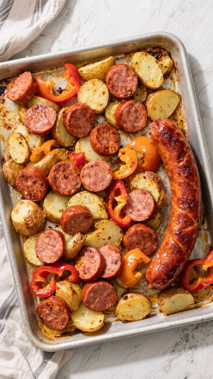 Overhead sheet-pan shot of Cajun-smoked sausage with potatoes and peppers just out of the oven: 1 lb smoked sausage sliced into 1/2-inch coins,