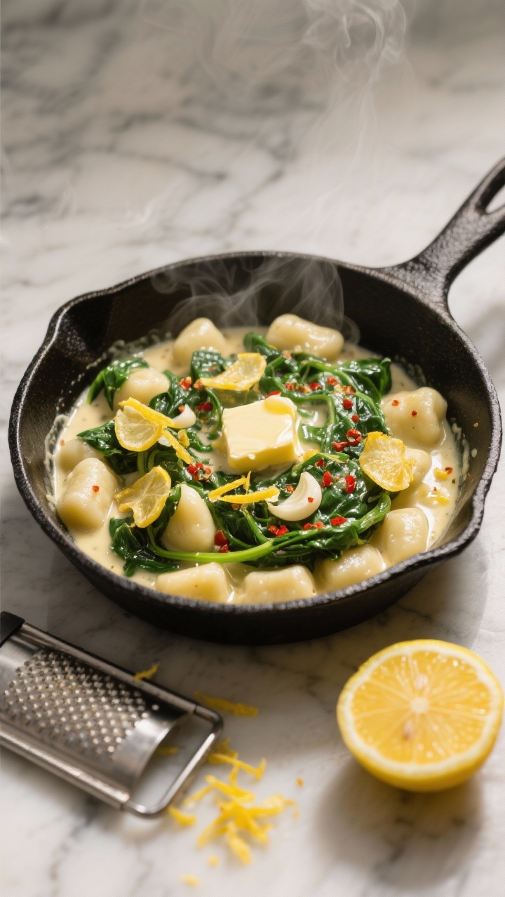 Overhead shot of a creamy skillet spinach gnocchi at the moment of finishing: tender pillowy gnocchi coated in a glossy lemon-garlic cream with wilted spinach, thinly sliced golden garlic chips, flecks of lemon zest, and a sprinkle of red pepper flakes; butter melting into olive oil in a black cast-iron skillet on a marble surface, a microplane with fresh zest and a halved lemon nearby; warm, cozy Italian mood, soft natural side light, steam visible.