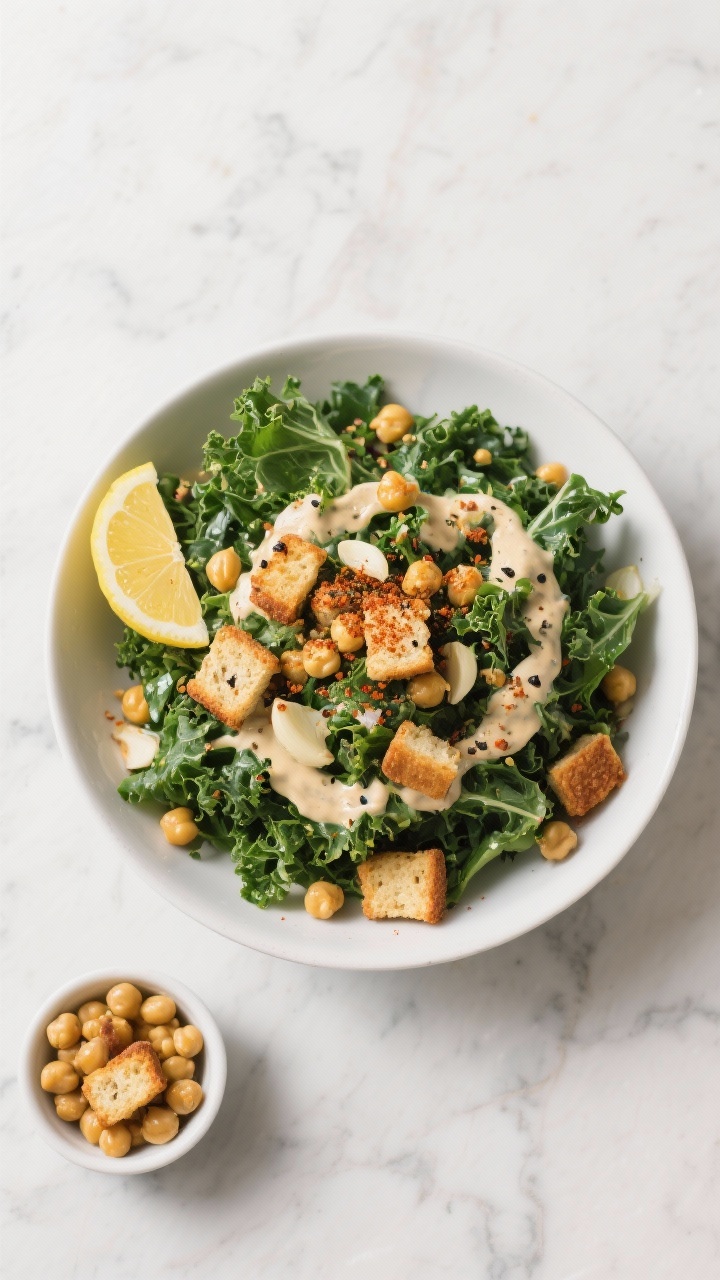 Overhead shot of a Crispy Kale Caesar salad in a wide, shallow white bowl: chopped curly kale piled high with golden garlicky chickpea “croutons” roasted in olive oil, smoked paprika, and garlic powder, flecks of black pepper, and a creamy Caesar-style dressing lightly drizzled; lemon wedge and a small ramekin of extra chickpea croutons on a cool marble surface; crisp textures emphasized, no people, bright natural light, professional styling.