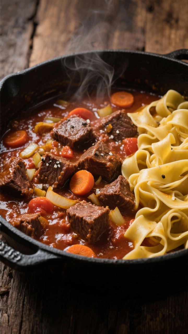 Overhead shot of a deep, saucy Slow-Braised Beef Ragu in a matte-black Dutch oven: tender 2-inch chunks of beef chuck nestled in a rich tomato-onion base with visible finely chopped yellow onion and carrot rounds, glossy from 2 tablespoons olive oil, seasoned with kosher salt and freshly ground black pepper; wide pappardelle on the side being folded into the sauce, steam rising, rustic wooden table, warm moody light, focus on the silky sauce clinging to every noodle, no people.