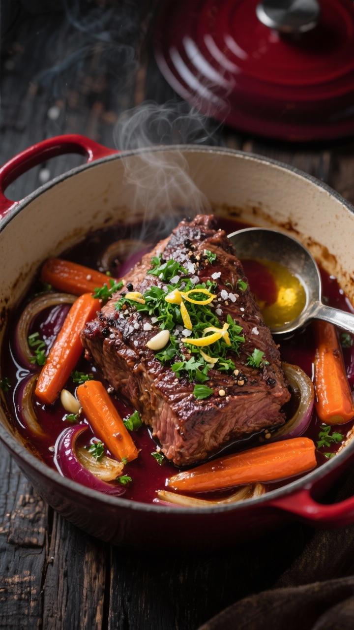 Overhead shot of a Dutch oven just opened after a long braise: tender red wine–braised chuck roast nestled with sliced onions and chunky 2-inch carrots in a glossy, deep burgundy sauce, garnished generously with bright green herby gremolata (parsley, lemon zest, garlic) on top; visible coarse kosher salt crystals and cracked black pepper on the crust; a drizzle of olive oil sheen; served on a dark rustic wooden surface with a ladle partially dipped in the sauce, steam rising, moody lighting to emphasize the rich wine glaze and the contrast of orange carrots and vivid green gremolata.