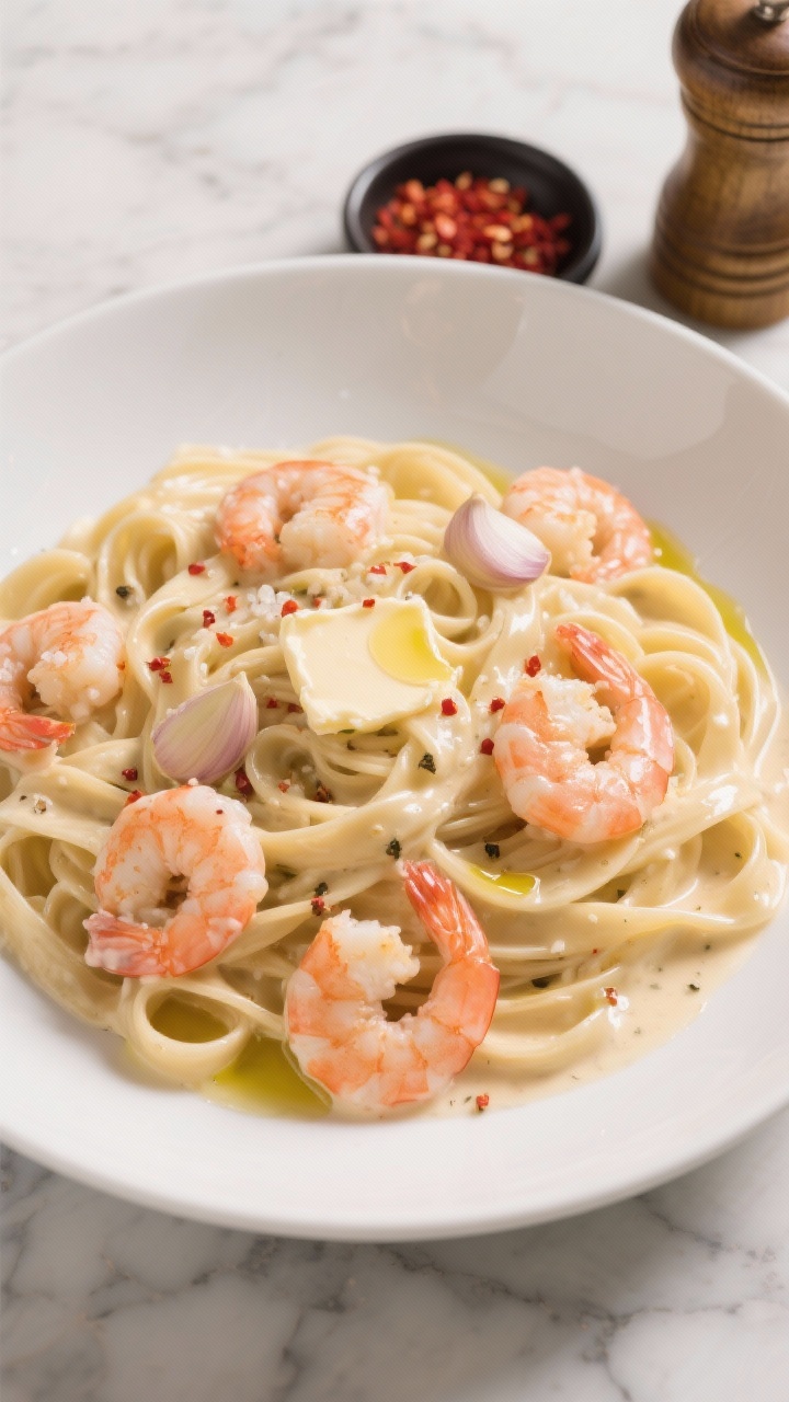 Overhead shot of a final plated creamy garlic shrimp fettuccine: wide white bowl piled with glossy fettuccine ribbons coated in rich cream-butter sauce, large pink shrimp nestled throughout, flecks of minced garlic visible, a light sprinkle of kosher salt, cracked black pepper, and optional red pepper flakes, finished with a drizzle of olive oil and pats of melted unsalted butter pooling slightly; set on a marble surface with a side dish of red pepper flakes and a pepper mill for mood, warm restaurant-at-home ambiance, soft diffused light.