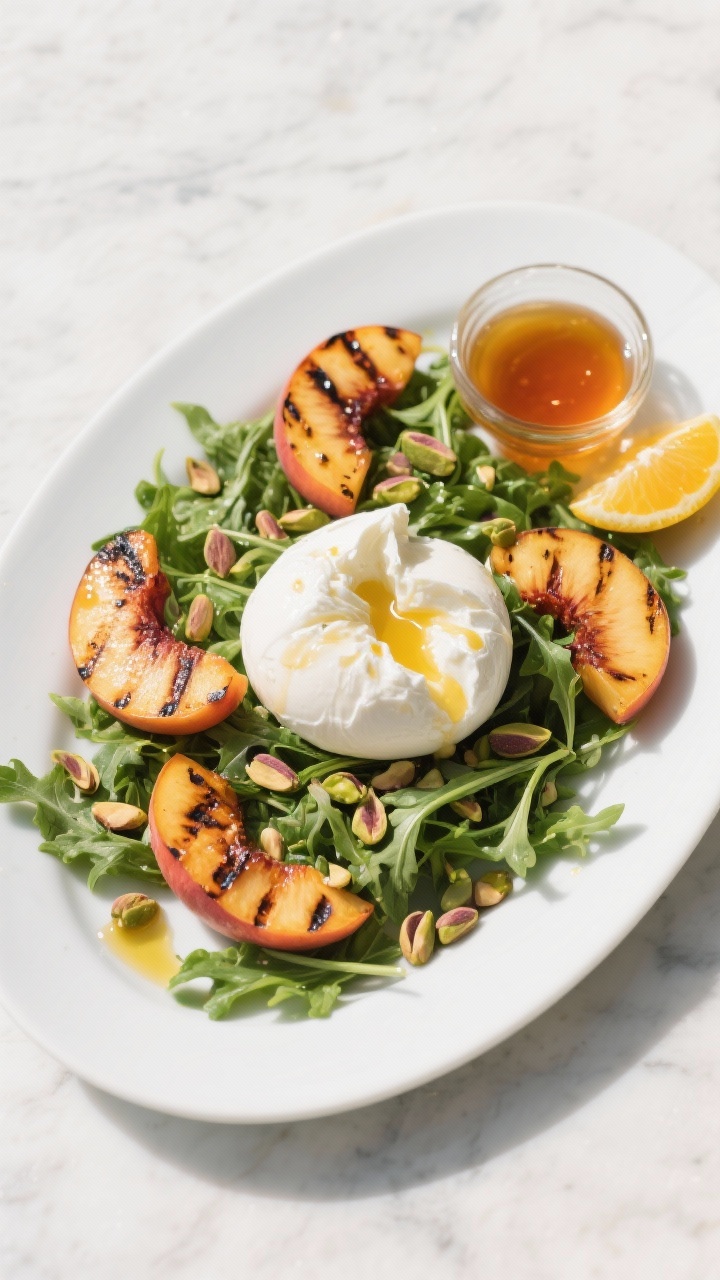 Overhead shot of a grilled peach burrata salad on a wide white platter: charred peach halves brushed with olive oil, torn creamy burrata, a bed of peppery arugula/baby greens, and roughly chopped toasted pistachios scattered over the top. Finish with a visible glossy hot honey drizzle and a light sheen of olive oil, with a small ramekin of hot honey and a citrus wedge on the side. Bright summer lighting, crisp greens, warm peach char marks, no people, professional styling on a light marble surface.