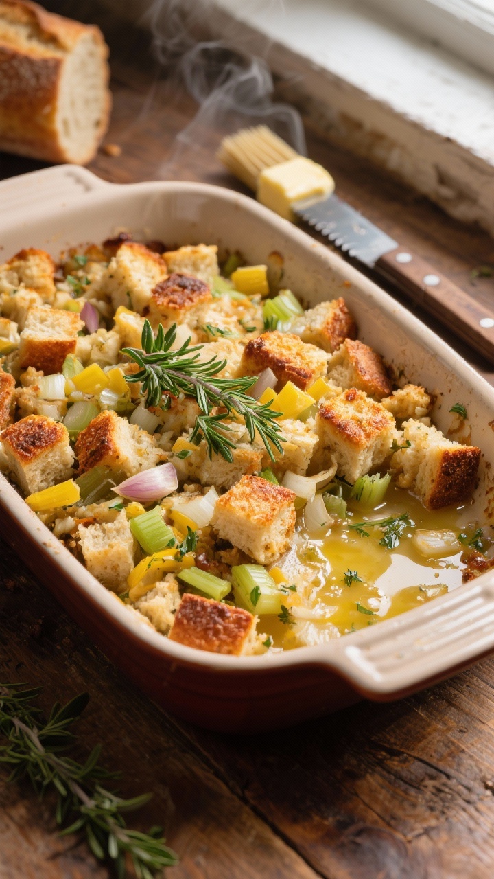Overhead shot of a rustic casserole dish filled with herby sourdough stuffing, showcasing a mix of crispy golden-brown edges and soft, custardy centers. Visible ingredients: 3/4-inch cubes of day-old sourdough, finely chopped yellow onion, celery, and flecks of minced garlic, all glistening with melted unsalted butter. Garnish with fresh thyme and parsley leaves. Set on a warm wooden table with a buttered basting brush and a serrated bread knife nearby; natural window light emphasizes texture and steam.