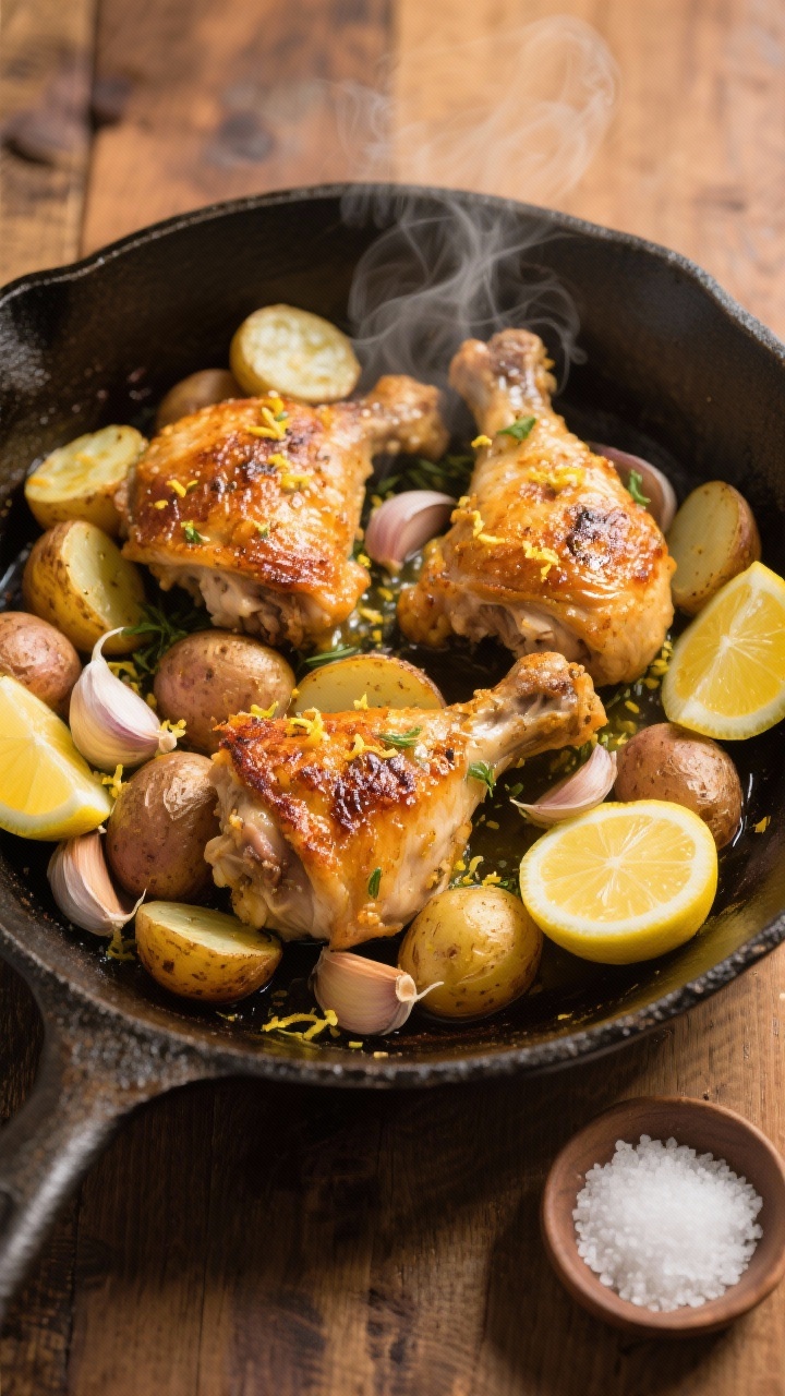 Overhead shot of a rustic cast-iron skillet filled with crispy, golden-brown bone-in, skin-on chicken thighs nestled among halved baby potatoes, smashed garlic cloves, and lemon slices; visible lemon zest sprinkled over crackly chicken skin, a glossy olive oil sheen, and a few extra lemon wedges on the side; steam rising, set on a warm wooden table with a small dish of flaky salt; bright, zesty mood emphasizing the lemon-herb aroma and crunchy textures.