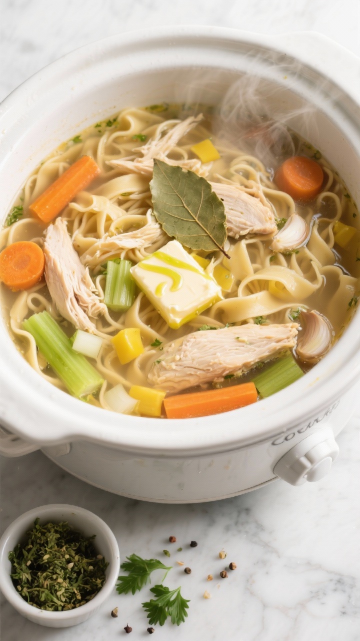 Overhead shot of a rustic crockpot chicken noodle soup just finished cooking: shredded boneless skinless chicken thighs swimming in clear low-sodium chicken broth with wide egg noodles, sliced carrots, chopped celery, diced yellow onion, and minced garlic; a single bay leaf floating; an herb butter swirl melting on top creating glossy green streaks. Styled in a matte white Dutch oven on a light marble surface with a small ramekin of herb butter and scattered fresh parsley and cracked pepper. Steam gently rising, warm golden tones, crisp details of noodles and vegetables, no people.