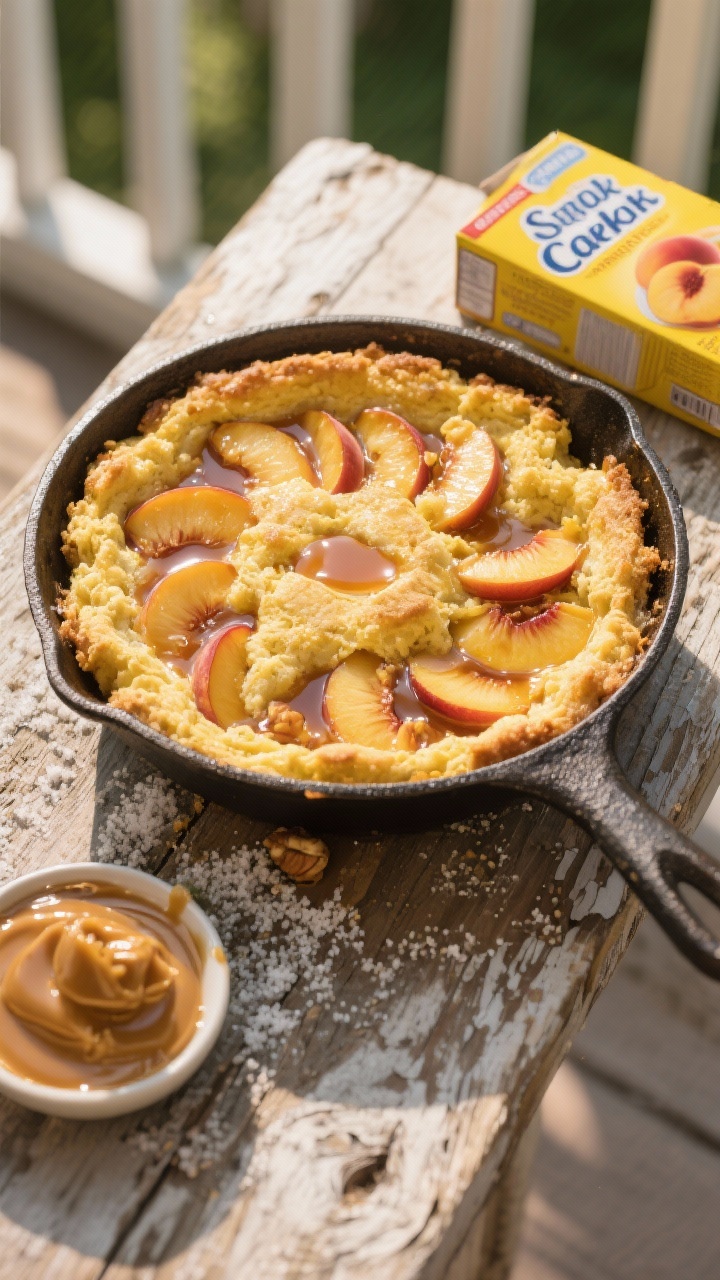 Overhead shot of a rustic summer peach cobbler dump cake just out of the oven: golden, craggy yellow cake topping with glossy undrained sliced peaches bubbling through, visible pools of nutty brown butter, a light sprinkle of granulated sugar caramelized on top; styled in a cast-iron skillet on a weathered porch-like wooden surface with warm afternoon light, a small dish of extra browned butter and an opened box of yellow cake mix in the background; no people, crisp detail on syrupy peaches and toasted edges.