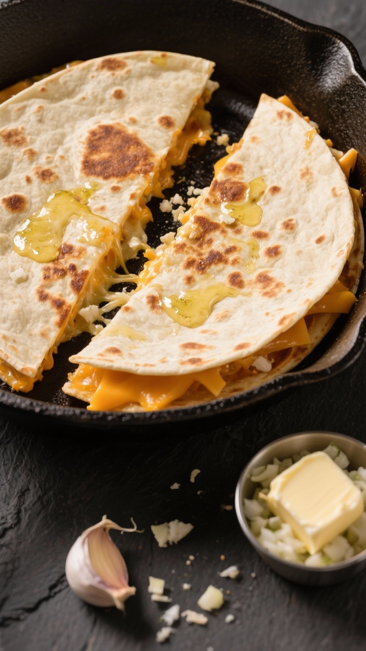 Overhead shot of a sliced classic three-cheese quesadilla oozing with melted Monterey Jack, sharp cheddar, and crumbled queso fresco, finished with a glossy garlic-butter brushed crust and crisp browned spots; two large flour tortillas folded and cut into wedges on a cast-iron skillet, with a small ramekin of minced garlic and a pat of unsalted butter nearby; warm, golden tones, shallow crumbs and cheese pull details, professional studio lighting on a dark slate surface.