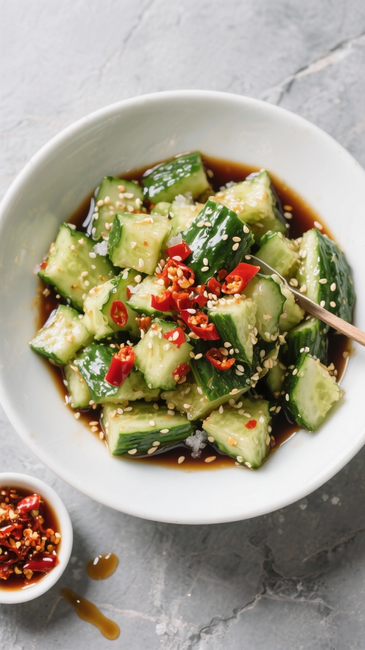 Overhead shot of a Smash-and-Toss Smashed Cucumber Salad with chili crisp in a wide, shallow white bowl: thick, craggy chunks of smashed Persian/English cucumbers glistening with soy sauce and rice vinegar, flecked with kosher salt, glossy pools of toasted sesame oil, and generous spoonfuls of crunchy red chili crisp clinging to the ridges; scattered sesame seeds optional, minimal props; set on a cool gray stone surface with a small side dish of chili crisp and a drizzle trail of soy-vinegar dressing, crisp, fresh, spicy mood, high contrast and punchy color.