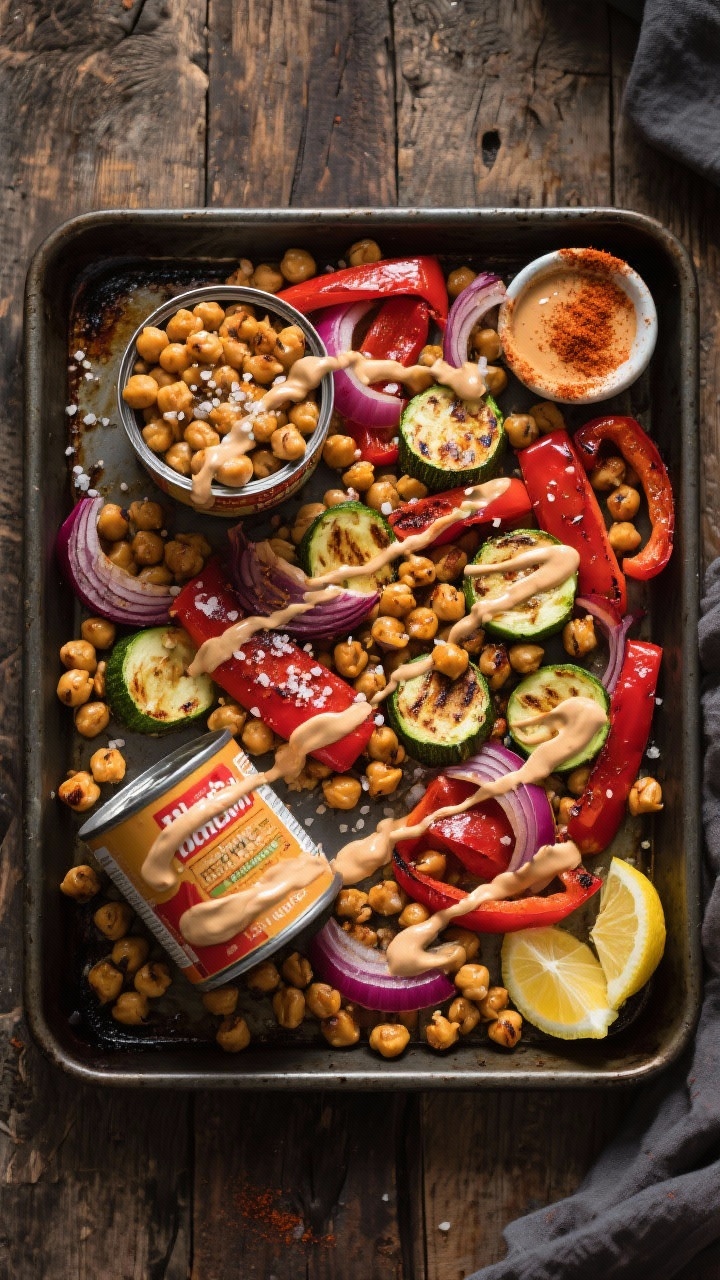 Overhead shot of a smoky sheet-pan chickpea dinner fresh from the oven: two (15-ounce) cans of chickpeas roasted until crisp alongside red onion wedges, thick red bell pepper strips, and zucchini half-moons, all lightly charred at the edges. Drizzle ribbons of creamy tahini over the vegetables and chickpeas, sprinkle with flaky salt and pepper, and add a few lemon wedges on the side. Styled on a dark metal sheet pan over a rustic wood surface, with a small bowl of extra tahini sauce and a dusting of smoked paprika to emphasize the smoky vibe. Crisp textures, warm color palette, high contrast, no people.
