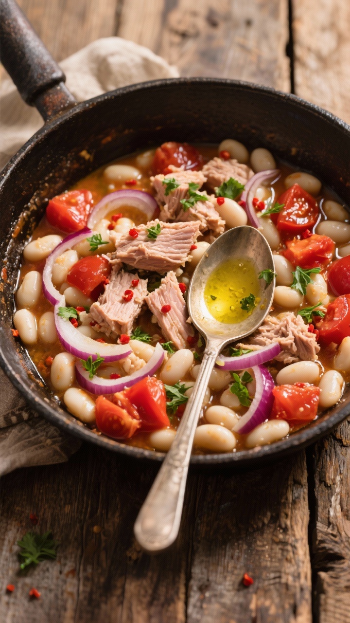 Overhead shot of a Tuscan white bean and tuna skillet: olive oil–shimmering base with thinly sliced garlic and red onion, a hint of red pepper flakes, fire-roasted diced tomatoes folded through creamy white beans and chunky tuna; finished with a drizzle of olive oil and torn parsley, rustic spoon resting in the pan; earthy, sun-drenched Italian farmhouse mood on a worn wooden table, warm reds and ivory beans contrasting with tuna and aromatics, no people.