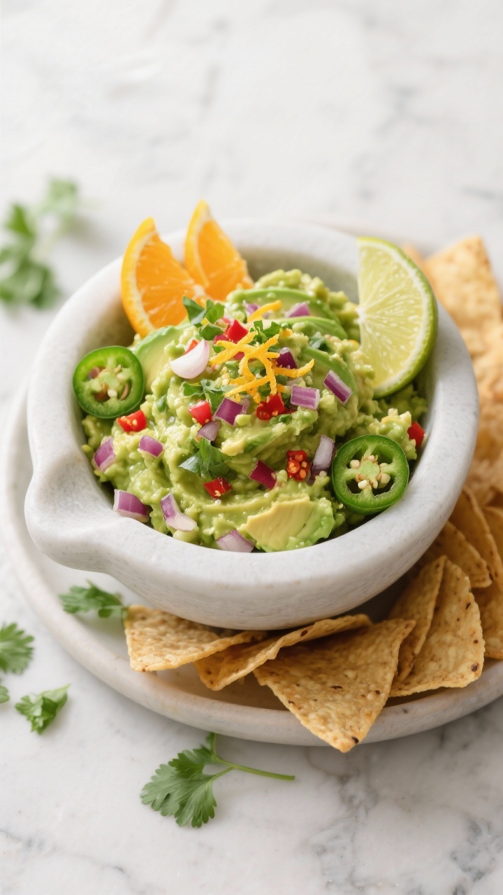 Overhead shot of a vibrant bowl of spicy citrus guacamole: mashed 3 ripe avocados flecked with finely minced red onion, jalapeño (seeds visible for extra heat), grated garlic, chopped cilantro, and bright citrus zest on top. Styled in a matte white ceramic molcajete with lime wedges and scattered cilantro leaves around, accompanied by a ring of warm tortilla chips. Focus on chunky texture, glossy avocado, and colorful contrasts; bright natural light, clean marble surface, no people.