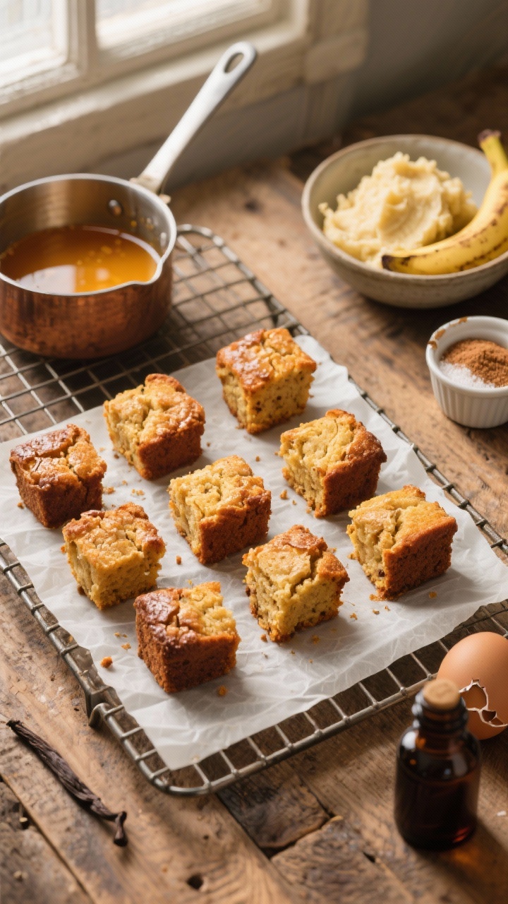Overhead shot of bite-size brown butter banana bread bites on a parchment-lined cooling rack, golden-brown and moist with a crackly top; a small saucepan with browned butter (amber, nutty flecks) nearby, a bowl of mashed very ripe bananas, brown sugar and granulated sugar in small ramekins, a cracked egg and vanilla extract bottle included; warm, cozy tones on a rustic wooden surface, soft window light, shallow depth emphasizing the caramelized edges.