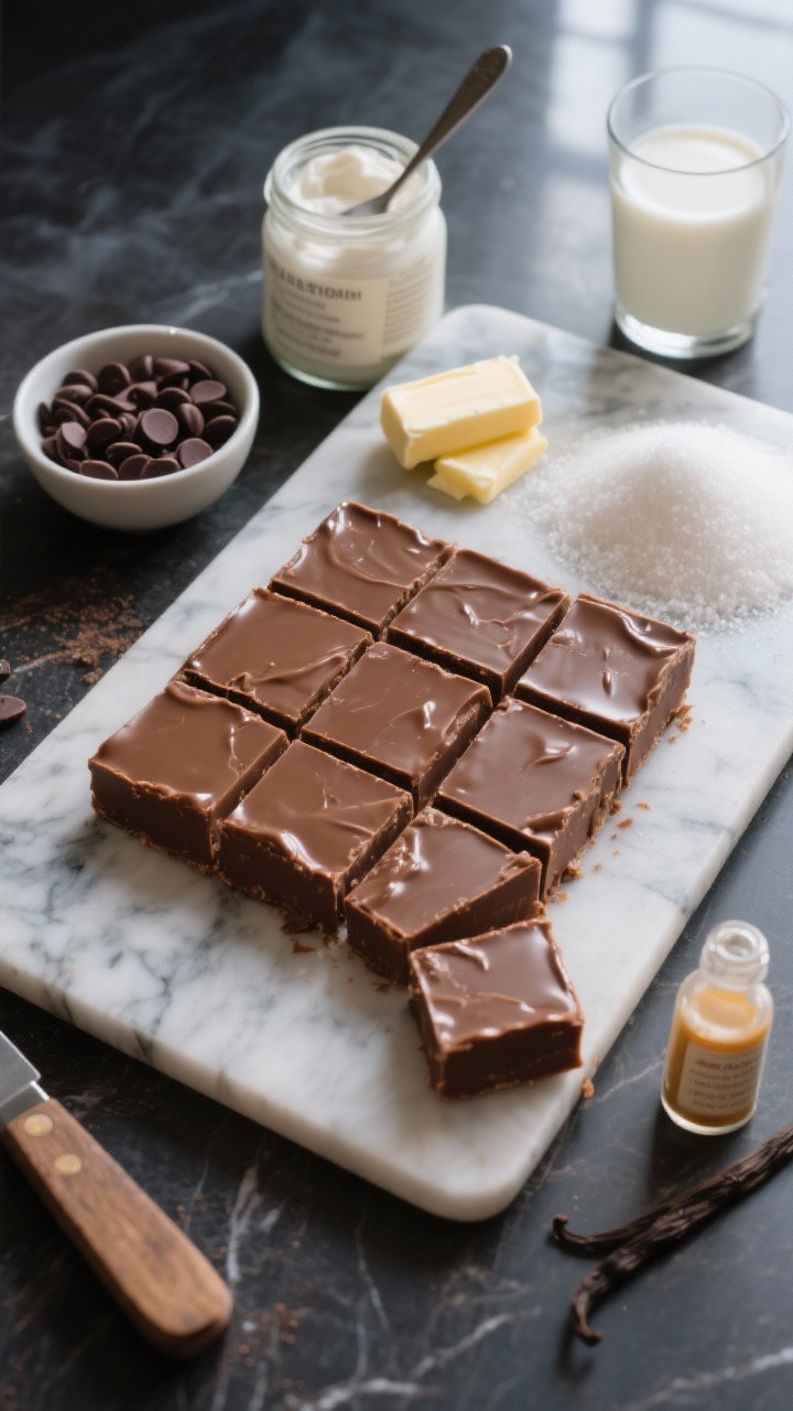 Overhead shot of classic creamy chocolate fudge being cut into neat squares on a cool marble slab, glossy surface and sharp edges. Visible ingredients styled around the board: a small bowl of semisweet chocolate chips, a jar of marshmallow creme with a spoon, a stick of unsalted butter in pieces, a mound of granulated sugar, a splash of evaporated milk in a glass, and a tiny vial of pure vanilla extract. Soft window light, rich dark-brown tones, subtle steam sheen on fudge, no people, professional studio styling.
