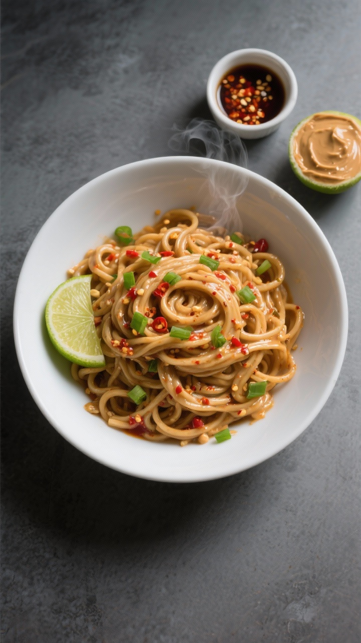 Overhead shot of creamy chili-garlic peanut noodles twirled in a wide white bowl: glossy wheat noodles coated in a tan peanut-butter sauce with visible chili crisp flecks, garnished with lime wedges, chopped green onions, and a light drizzle of sesame oil. Include a small dish of creamy peanut butter, a ramekin of chili crisp, soy sauce, rice vinegar, and a halved lime off to the side on a matte slate surface. Moody, appetizing lighting with gentle steam rising to hint warmth, focus on silky texture and red-gold chili oil speckles.