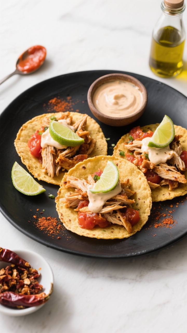 Overhead shot of crispy chipotle chicken tostadas on a matte black platter: golden toasted tortillas piled with juicy shredded chicken simmered in tomato paste, minced chipotle in adobo, cumin, and smoked paprika; drizzled with silky lime crema, garnished with lime wedges and a light dusting of paprika. Include a small bowl of the creamy lime sauce and a smear of tomato paste on a spoon for context, with a bottle of olive oil and a tiny dish of minced chipotle nearby. Bright, punchy colors, high contrast, crisp textures, no people.