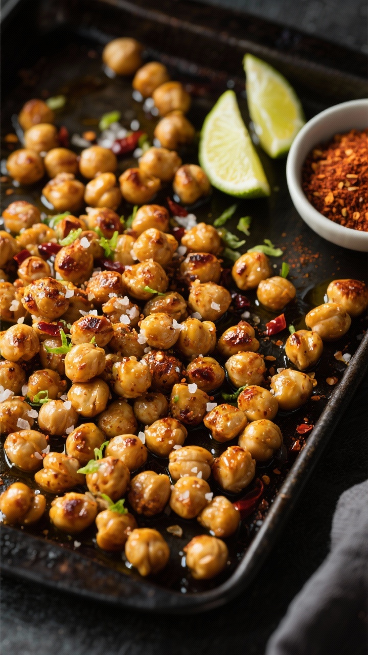 Overhead shot of freshly roasted chili-lime chickpeas on a dark sheet pan: golden, blistered chickpeas glistening with olive oil, dusted with fine sea salt, smoked paprika, chili powder, garlic powder, and a hint of ground cumin; lime zest scattered over and lime wedges on the side; a small bowl of the spice blend visible; moody side light emphasizing crisp texture and crunchy shadows, no people, professional studio styling.