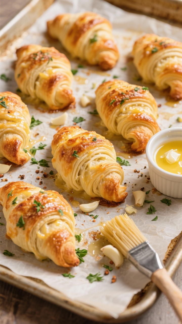 Overhead shot of golden-brown cheesy garlic herb pinwheels fresh from the oven on a parchment-lined baking sheet; visible flaky crescent roll spirals glossy with melted unsalted butter, flecked with finely minced garlic, chopped fresh parsley, and cracked Italian seasoning; a small ramekin of melted butter with garlic bits and a pastry brush nearby; warm, inviting mood, crisp highlights on buttery layers, no people.