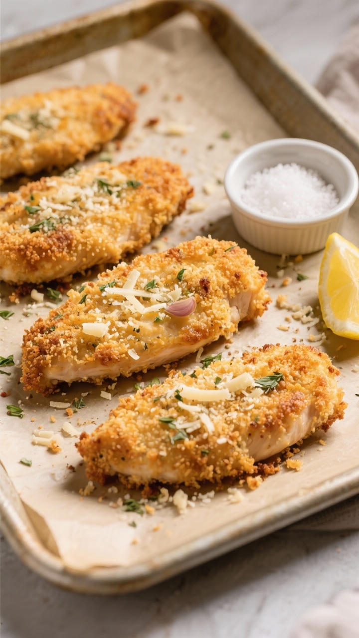 Overhead shot of golden crispy Parmesan-herb chicken tenderloins on a parchment-lined sheet pan, panko crust visibly flecked with grated Parmesan, garlic powder, onion powder, and dried Italian seasoning; a small ramekin of flaky salt and a lemon wedge on the side, crumbs scattered for texture, warm neutral light for a crunchy, takeout-beating vibe, shallow depth to emphasize the crisp coating.