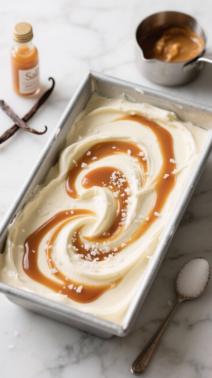 Overhead shot of Salted Caramel Swirl ice cream being churned: a chilled metal loaf pan half-filled with creamy vanilla custard base made from heavy cream, whole milk, granulated sugar, and egg yolks, with glossy ribbons of amber caramel being drizzled in, creating distinct swirls; visible flaky sea salt sprinkled over the caramel, vanilla extract bottle and a split vanilla pod nearby; set on a cool marble surface with a small saucepan of caramel and a sugar spoon to the side; soft, diffused light emphasizing silky texture and contrast between pale custard and deep caramel.