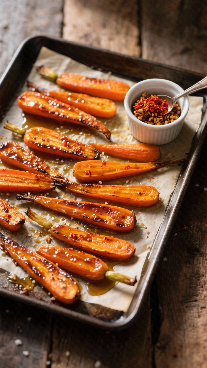 Overhead shot of smoky maple-roasted carrots on a parchment-lined sheet pan: 1/2-inch bias-cut carrot slices glossy with olive oil and pure maple syrup, speckled with smoked paprika, ground cumin, and kosher salt, edges caramelized and lightly charred; a small ramekin of chili crunch spooned over for glistening red flecks; warm, golden side-lighting highlighting sticky glaze and smoky sheen; minimalist dark metal pan on a rustic wood surface, no people, professional food styling.