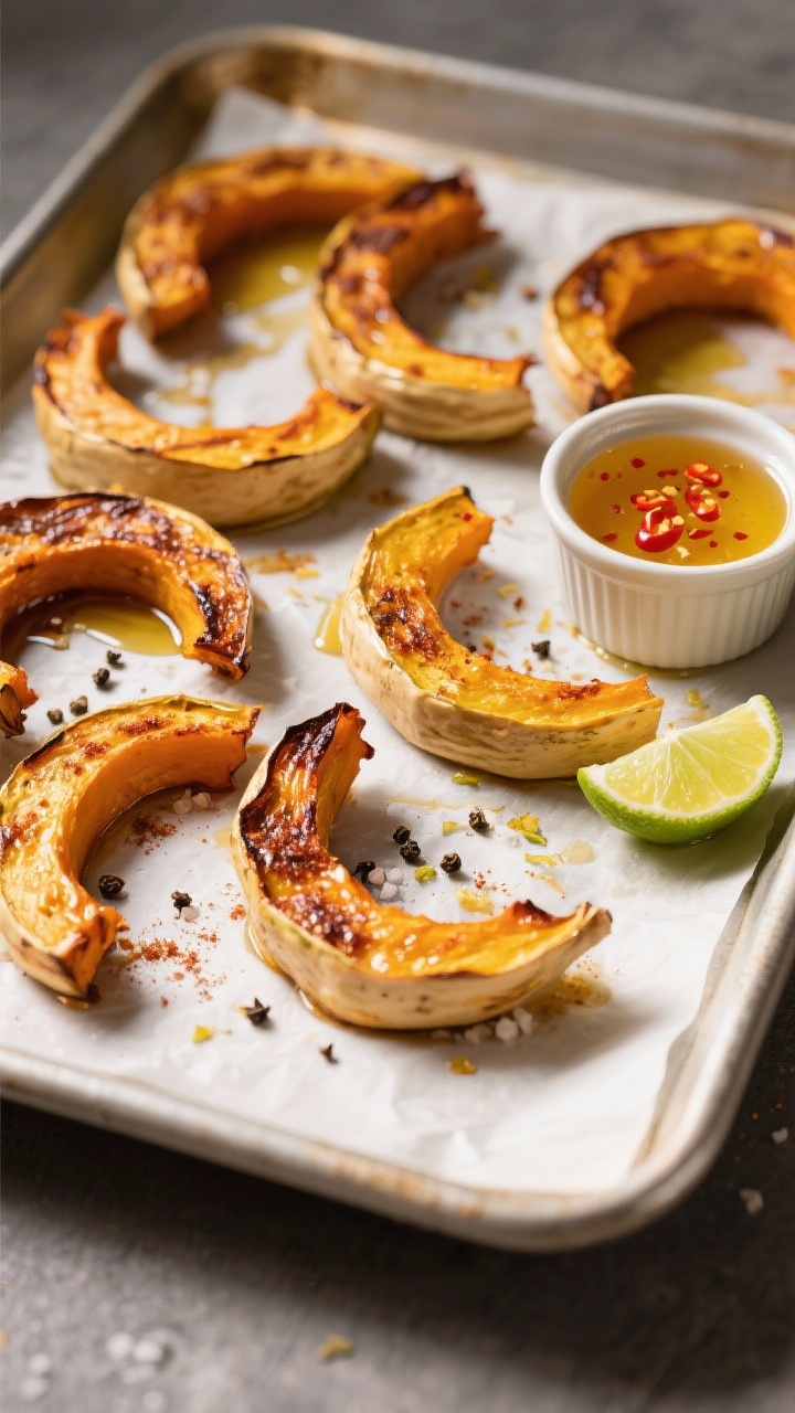 Overhead shot of smoky roasted delicata squash crescents on a parchment-lined sheet pan: caramelized edges, tossed in olive oil, smoked paprika, ground cumin, kosher salt, and black pepper; a small ramekin of chili-lime honey drizzle (golden honey with flecks of red chili and a lime wedge) to the side, lime zest scattered, warm autumn tones, crisp texture visible, no people, professional studio lighting.