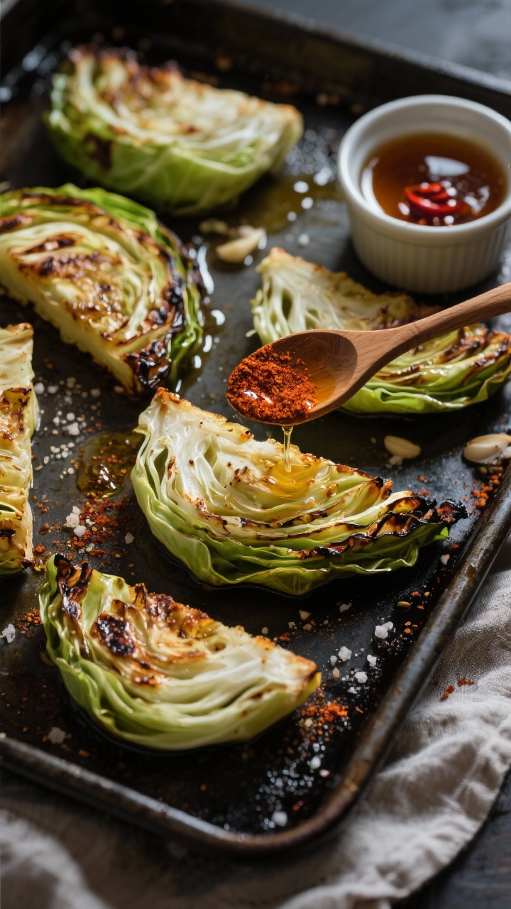 Overhead shot of smoky sheet-pan roasted cabbage steaks: 1-inch-thick green cabbage “steaks” spread across a dark, rimmed baking sheet, edges deeply caramelized and charred, glistening with olive oil. Visible seasoning of smoked paprika, garlic powder, ground cumin, and kosher salt. A small ramekin of chili-honey drizzle being spooned over a few steaks, with extra drizzle pooling on the pan. Moody lighting, high contrast to emphasize texture and crispy edges, minimal props—just a linen and a wooden spoon with paprika dust.