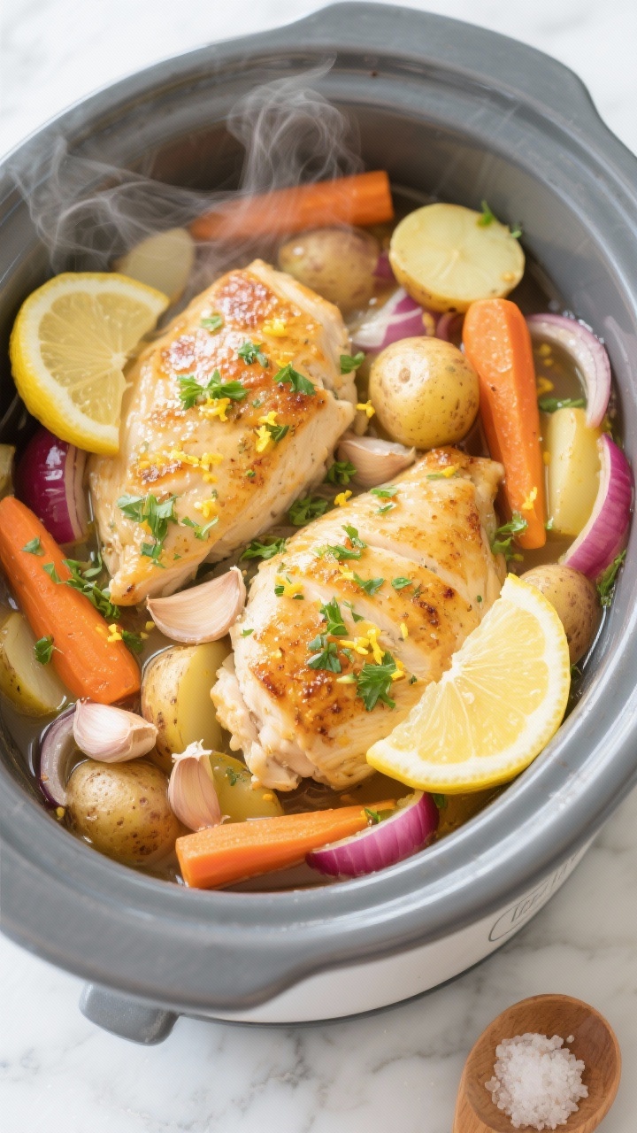 Overhead shot of Sunshine Lemon-Herb Chicken with veggies just finished in a crockpot: golden seared boneless skinless chicken breasts nestled among halved baby potatoes, chunky carrots, thick wedges of red onion, and visible minced garlic, glossy with a lemon-herb broth and sprinkled with fresh chopped parsley and lemon zest; thin lemon slices tucked around the chicken; steam rising; styled in the slow cooker crock set on a light marble surface with a small ramekin of coarse salt and a wooden spoon nearby, bright and sunny mood, crisp highlights on the potatoes’ skins and vibrant orange carrots.