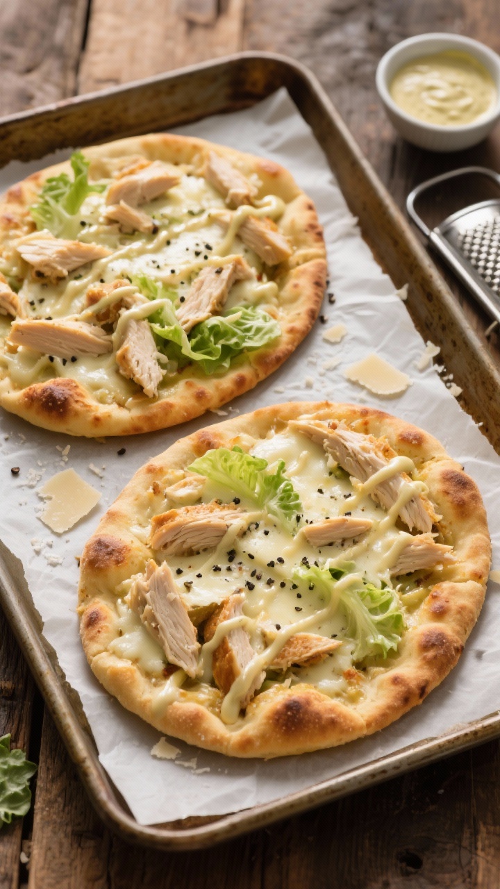 Overhead shot of two golden, crispy Chicken Caesar Flatbreads on a parchment-lined sheet pan: store-bought naan topped with flaked canned chicken tossed in Caesar dressing, melted low-moisture mozzarella, and a scatter of grated Parmesan; extra Caesar drizzled in a zigzag, a few romaine ribbons and cracked black pepper for freshness; warm, high-contrast lighting to emphasize bubbly cheese and crisped naan edges, styled on a rustic wooden surface with a small bowl of Caesar dressing and a microplane grater nearby.