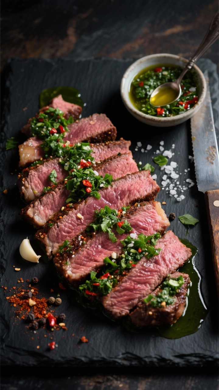 Overhead shot: Sliced medium-rare garlicky chimichurri flank steak fanned on a dark slate board, vibrant green chimichurri pooled and drizzled over the rosy slices; visible seasoning crust from kosher salt, black pepper, smoked paprika, garlic powder, and a hint of red pepper flakes; small bowl of extra chimichurri with a spoon, olive oil sheen catching light; scattered coarse salt and crushed chile, rustic knife, minimal props, moody lighting emphasizing juicy texture and herb-flecked sauce.