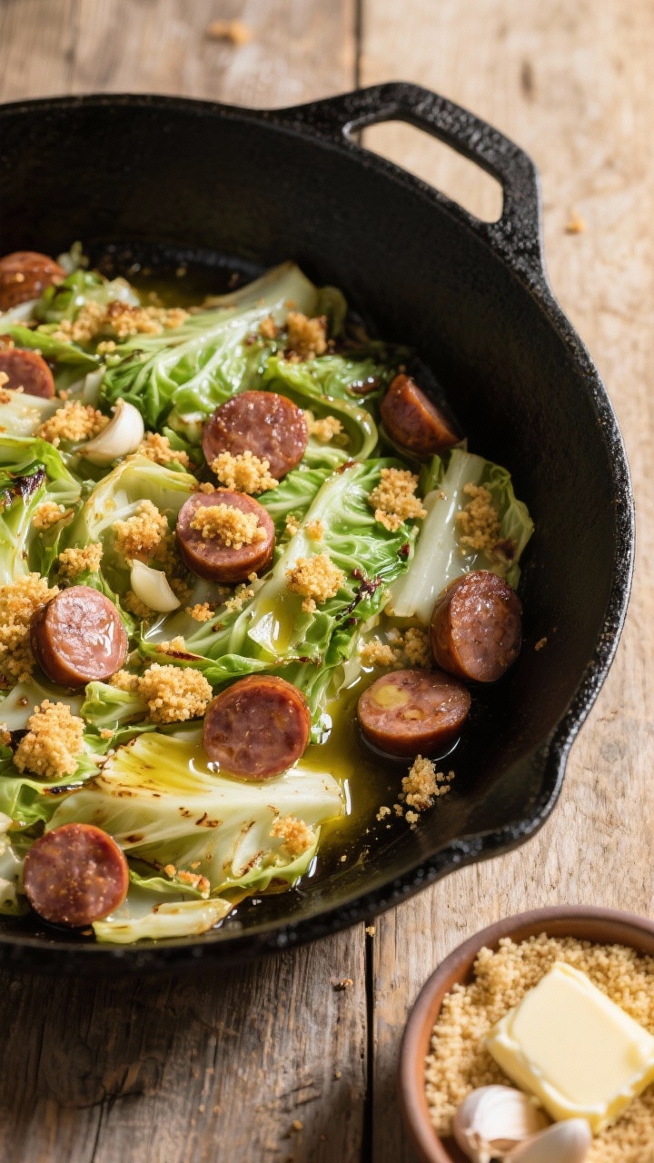 Overhead skillet scene mid-finish: a large black skillet filled with sautéed green cabbage ribbons and browned kielbasa coins, dotted with golden garlic-butter panko breadcrumbs. Visible melted butter pooling in glossy spots, tender wilted cabbage with lightly charred edges, and crisp, toasty breadcrumb clusters. A small bowl of extra panko, a pat of butter, and minced garlic off to the side for context. Clean, natural daylight from one side to accent textures; rustic wood surface underneath for homestyle comfort.