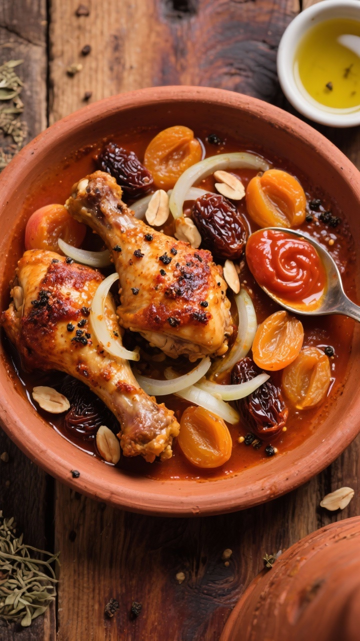 Overhead tagine-style presentation of Moroccan-spiced chicken legs with apricots and almonds: burnished chicken nestled with thinly sliced onion ribbons, plump dried apricots, toasted almonds, and a spoonful of tomato paste swirled into the sauce; spices visible as a warm rust-toned glaze (ground cumin and other Moroccan aromatics), flecks of black pepper; served in a wide clay dish with a small dish of olive oil on the side; rustic wooden table, rich saturated colors, a gently pooled sauce around the legs.
