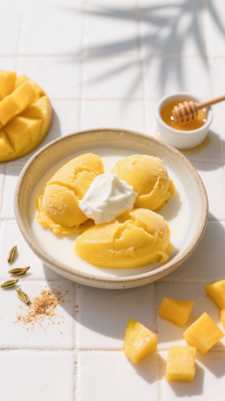 Overhead vibrant bowl of “Mango Coconut Lassi Sorbet”: sunlit sorbet quenelles in a shallow ceramic dish, saturated golden mango hue; creamy coconut milk and a dollop of plain Greek yogurt (or coconut yogurt) hinted via a small side ramekin; optional honey drizzle pooled nearby to suggest sweetness to taste; scatter a few fresh mango cubes and a dusting of cardamom-like warmth in tone (no extra ingredients shown beyond listed); bright tropical mood, white tile backdrop, clean styling to convey refreshing, silky-smooth sorbet.