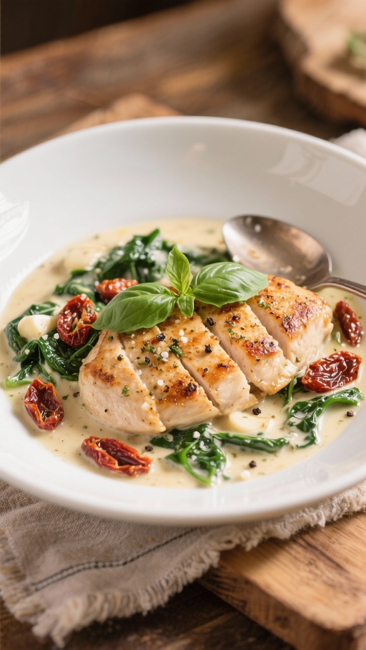 Plated creamy Tuscan chicken at straight-on eye level: seared chicken cutlets seasoned with kosher salt, black pepper, Italian seasoning, and garlic powder, napped in a lightened creamy sauce studded with sun-dried tomatoes and wilted spinach; garnished with fresh basil ribbons and a crack of pepper; served in a shallow white bowl with a spoon trail showing velvety texture; warm Mediterranean tones, soft window light, rustic linen and wooden board backdrop, no people.