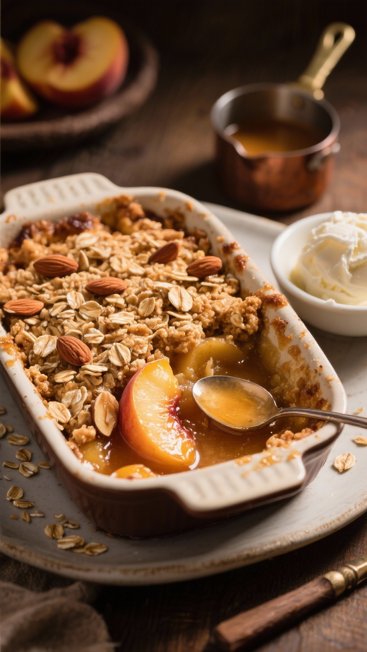 Plated dessert shot at 45 degrees: brown butter peach crisp in a rustic baking dish with a deeply golden almond-oat topping, edges bubbling with peach juices. A serving spoon reveals syrupy peach filling beneath the crisp, with visible toasted almond slices and oat clusters. A small bowl of vanilla ice cream or whipped cream beside it, brown butter notes suggested by a tiny saucepan in the background. Warm, cozy lighting to emphasize caramel tones, no people.