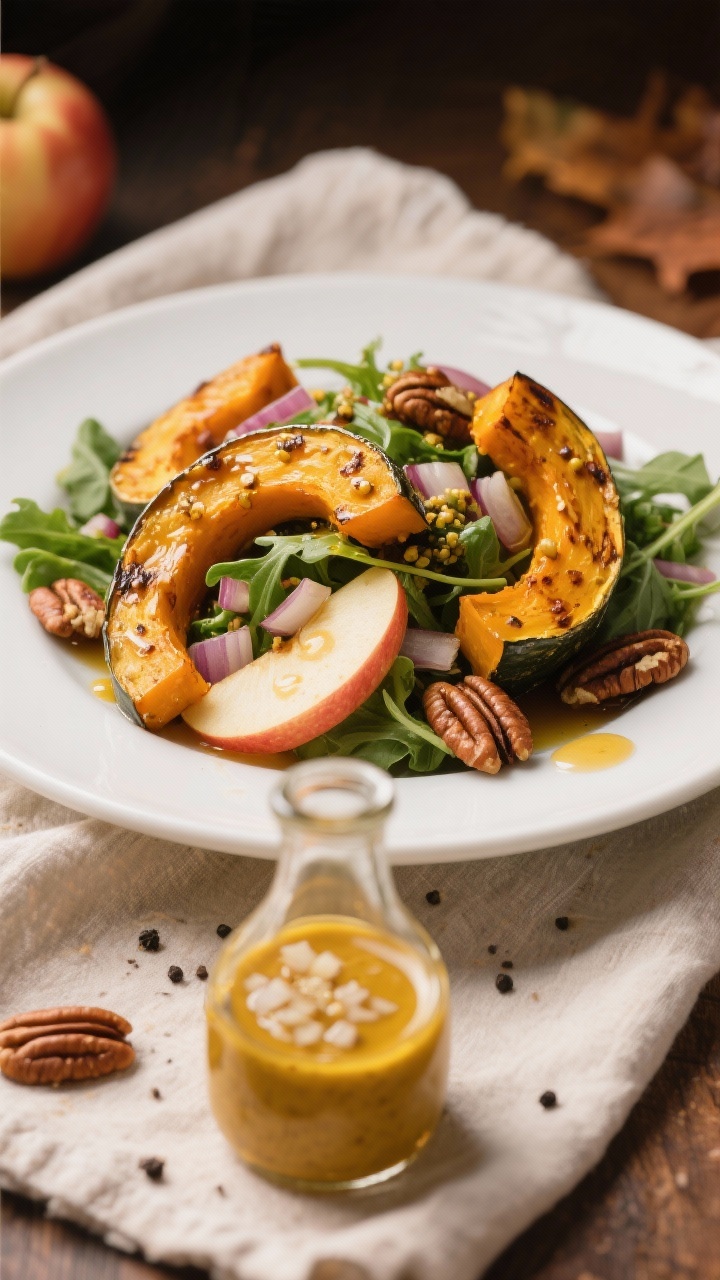 Plated presentation at 45 degrees for Maple-Mustard Shallot Vinaigrette celebrating fall produce: a rustic salad of roasted squash wedges, sliced crisp apples, toasted pecans, and baby greens lightly glossed with the vinaigrette; a small glass cruet of the dressing up front showing golden-amber hue with suspended very finely minced shallot; ingredients in dressing noted—apple cider vinegar, Dijon mustard, pure maple syrup, kosher salt, black pepper—styled as subtle background cues; warm autumnal color palette, linen napkin, soft side lighting for inviting, cozy mood.