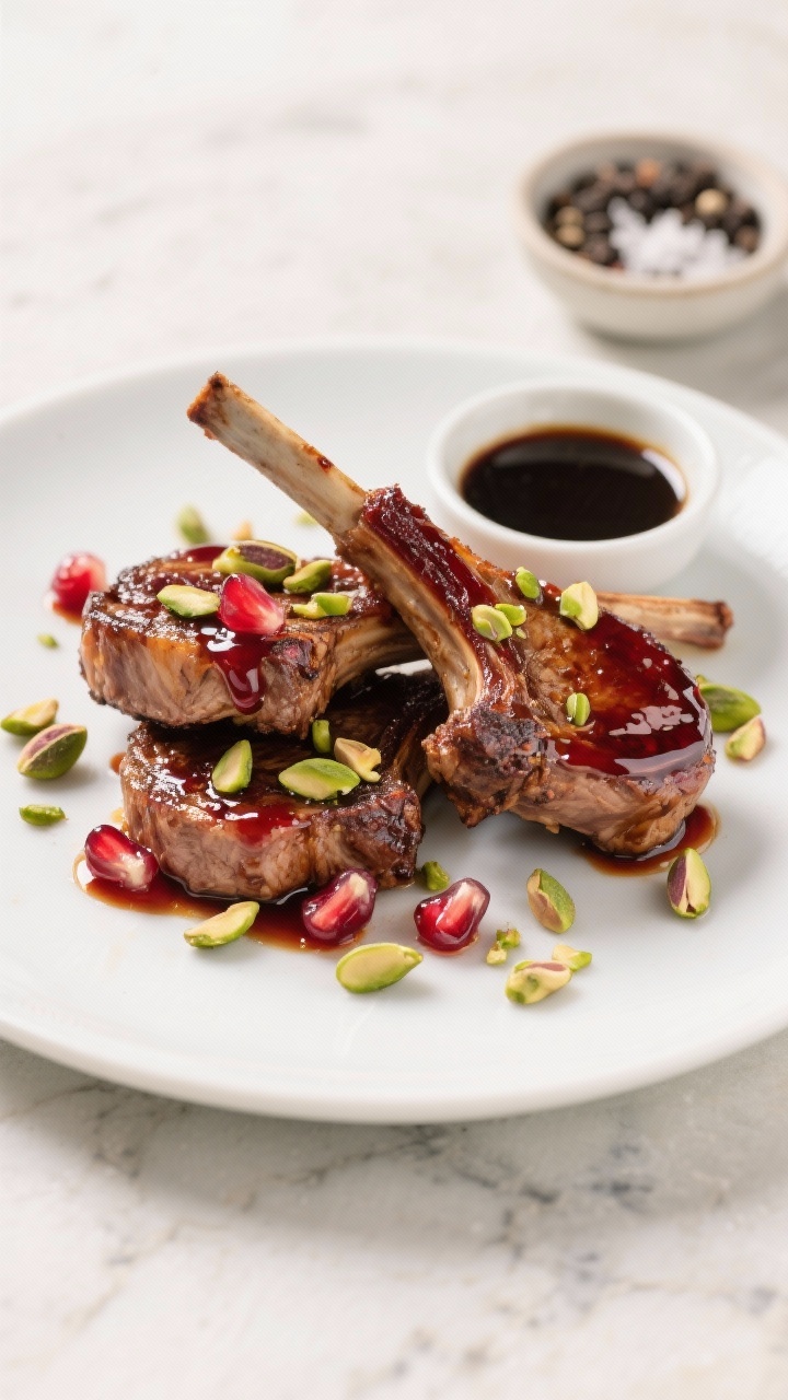 Plated presentation at straight-on angle: pomegranate-molasses glazed lamb chops stacked slightly, lacquered with a deep ruby glaze made from pomegranate molasses, soy sauce/tamari, and honey; sprinkled with toasted pistachios for bright green crunch; garnished with a few fresh pomegranate arils and a light brush of glaze on the plate; set on a light stone surface with a small bowl of extra glaze and a pinch bowl of black pepper and kosher salt; clean, modern styling, vivid color pop