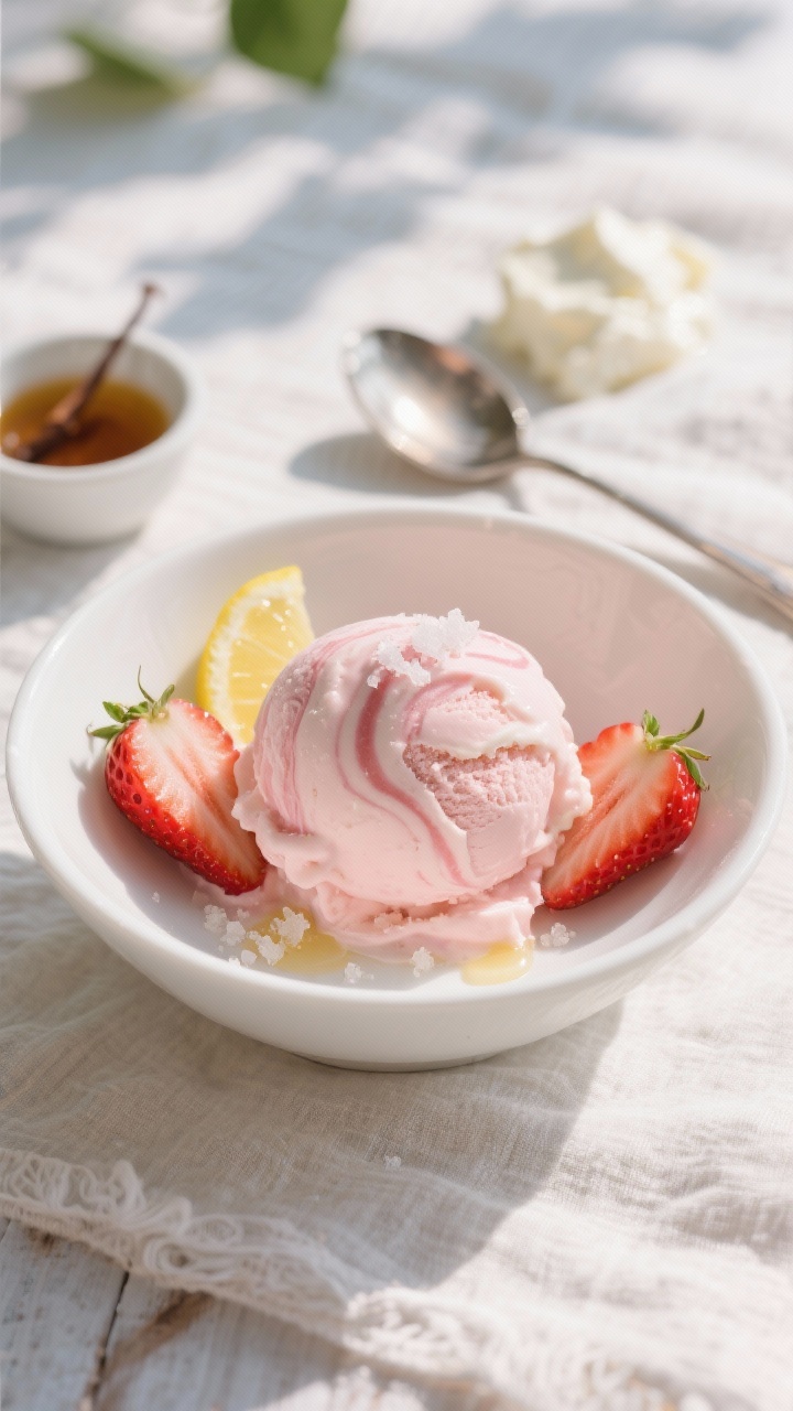Plated presentation for “Strawberry Cheesecake Swirl”: a scoop of pale pink strawberry cheesecake ice cream in a chilled white bowl, with visible creamy streaks from softened cream cheese and a gentle strawberry ripple; garnished with a few fresh strawberry slices, a micro-drizzle of lemon juice, and a tiny pinch of sea salt flakes to hint at the recipe; 45-degree angle on a light linen backdrop for picnic vibes; include a small dish of vanilla extract and a spoon with a smear of cream cheese in the background; bright, airy lighting to highlight velvety texture and juicy berry color.