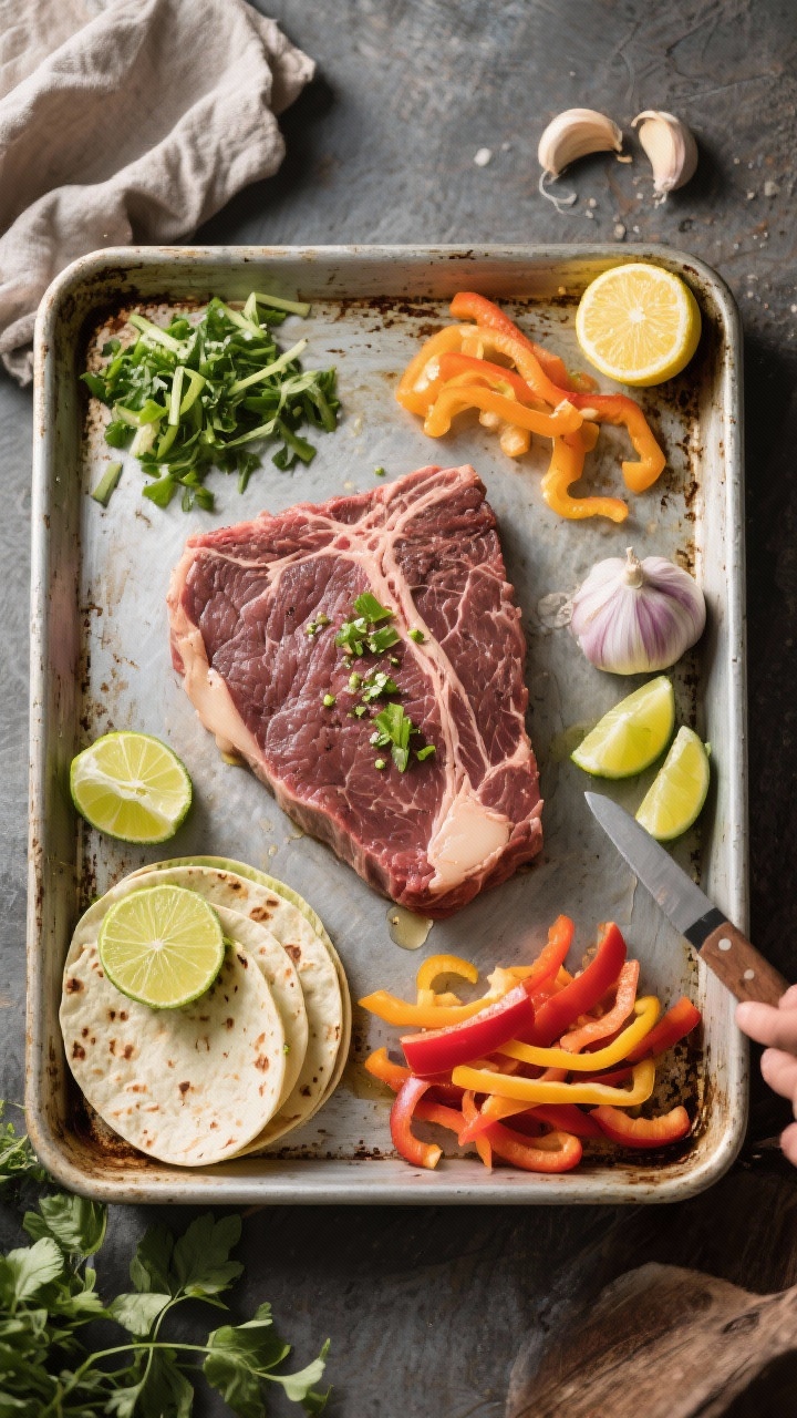 Process-focused ingredient prep, overhead flat lay: Citrus-lime flank steak fajita mise en place on a worn sheet pan—raw