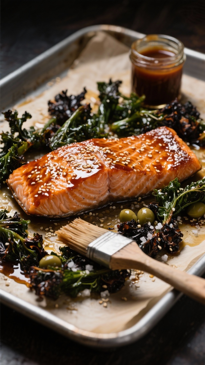Sheet-pan process shot, straight-on perspective: Maple-miso glazed salmon fillets (skin on) lacquered and caramelized at the edges, surrounded by charred curly kale pieces, glistening with olive and sesame oil; visible kosher salt crystals; darkened, crisp kale tips contrasting with the rich salmon; sesame seeds lightly sprinkled; set on a parchment-lined metal sheet pan with a small brush and a jar of maple-miso glaze nearby; dramatic side lighting for shine and texture.