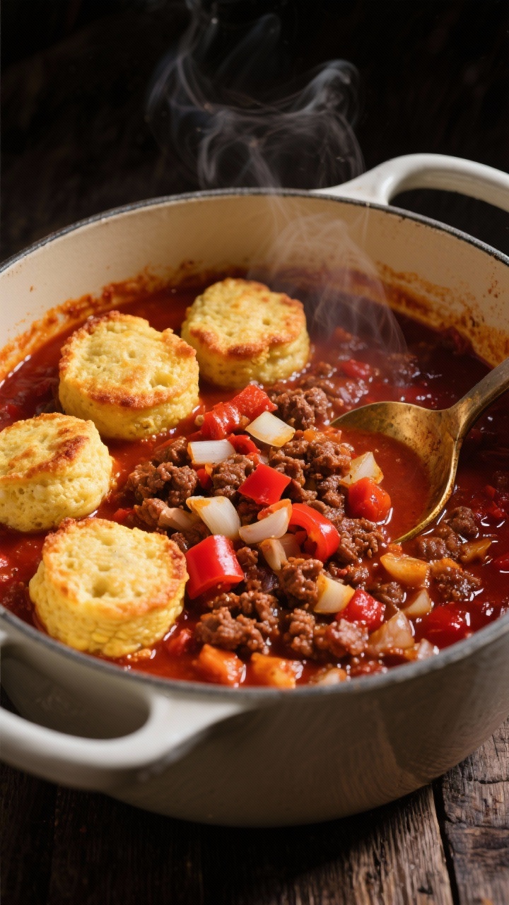 Straight-on action shot of Smoky One-Pot Chili With Cornbread Dumplings: enameled Dutch oven filled with chunky chili—diced onion, red bell pepper, minced garlic, and crumbled browned ground beef/turkey simmering with deep red chili base from chili powder; cornbread dumplings dropped on top, puffed and golden at the edges, wisps of steam; glossy surface highlights, rich reds and golds, rustic spoon resting on the rim, dark wood backdrop to emphasize warmth.