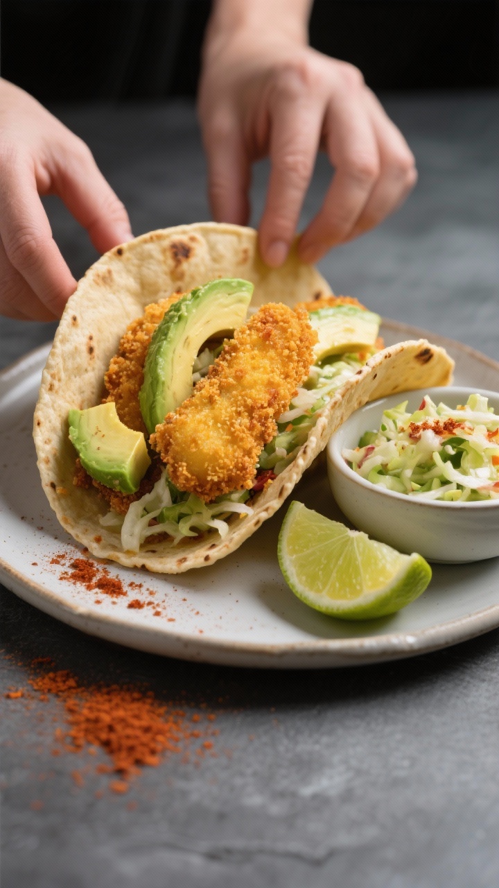 Straight-on action-style composition showing crispy avocado tacos assembly: golden panko-crusted avocado wedges (flour, egg wash, panko seasoned with chili powder, smoked paprika, kosher salt) tucked into warm corn tortillas with chipotle-lime slaw. Include a small bowl of the slaw, lime wedges, and a dusting of paprika on the plate. Emphasize crunchy texture on the avocado crust and vibrant slaw; shallow depth of field; matte slate backdrop for contrast.