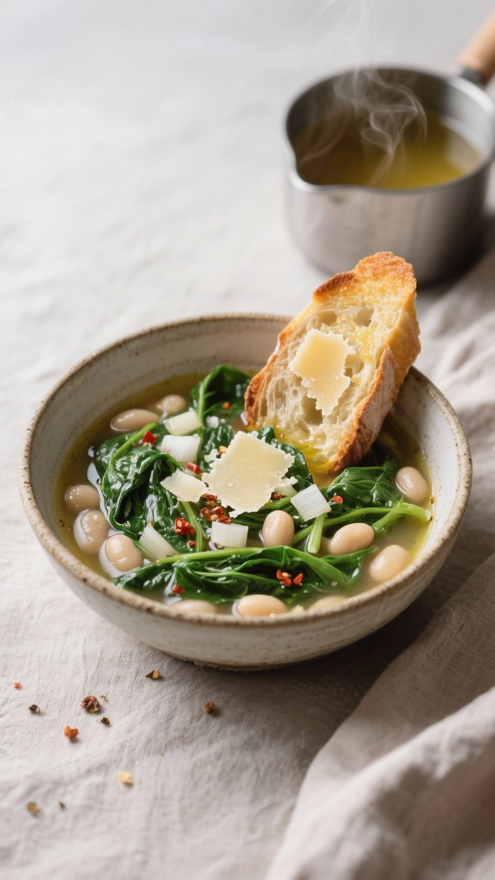 Straight-on bowl shot of garlicky spinach and white bean soup with Parmesan toasts: a rustic ceramic bowl filled with brothy soup showcasing cannellini beans, ribbons of spinach, diced onion, and a glisten of olive oil; tiny chili flakes and dried Italian seasoning speckled throughout; paired with thick slices of toasted baguette crowned with melted, golden Parmesan leaning on the rim; set on a neutral linen with a small pot of low-sodium chicken or vegetable broth in the background; gentle steam rising, clean and comforting.