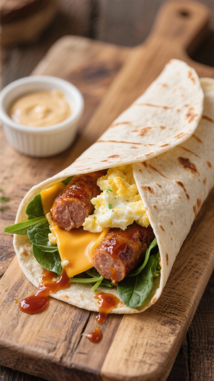 Straight-on breakfast wrap hero shot on a rustic wooden board: a maple-sriracha turkey sausage wrap sliced open, showing juicy browned turkey breakfast sausage, soft scrambled eggs (eggs whisked with milk/half-and-half for extra creaminess), melted sharp cheddar, and wilted baby spinach. A glossy maple-sriracha drizzle inside the wrap and a small side ramekin for dipping; butter-brushed tortilla with light grill marks. Warm morning light, inviting melty cheese pull, cozy brunch vibe.