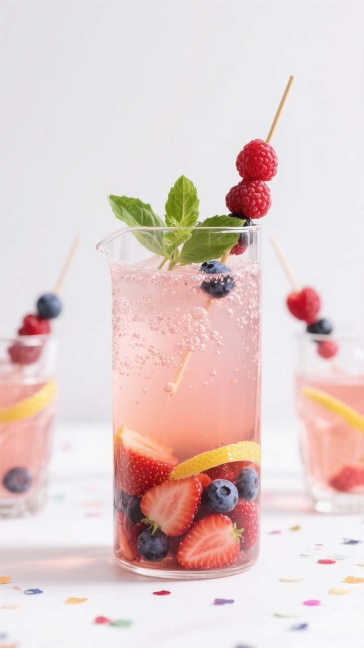 Straight-on close-up of Blush Rosé Berry Sangria in a tall cylindrical pitcher: pale pink rosé wine shimmering with mixed berries—plump raspberries, sliced strawberries, a handful of blueberries—plus a few lemon ribbons; tiny bubbles clinging to fruit, delicate herb garnish of basil or mint at the rim; matching glasses in the background with berry skewer garnishes; party-in-a-pitcher mood with confetti-like berry colors, clean white backdrop, high clarity and gloss.