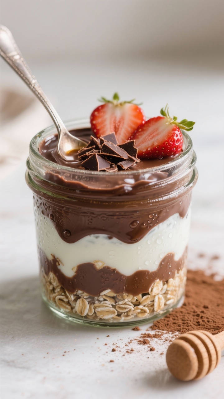 Straight-on close-up of chocolate-covered strawberry overnight oats in a glass jar: layers of rolled oats soaked in milk and plain Greek yogurt, deeply cocoa-tinged, lightly sweetened with honey/maple syrup. Topped with fresh strawberry slices, a glossy chocolate drizzle, and a few chocolate shavings. Condensation on the jar hinting at chill, with a spoon dipped in showing thick, creamy texture. Soft morning light, minimal props—cocoa powder dusting and a small honey dipper off to the side—dessert-for-breakfast indulgence.