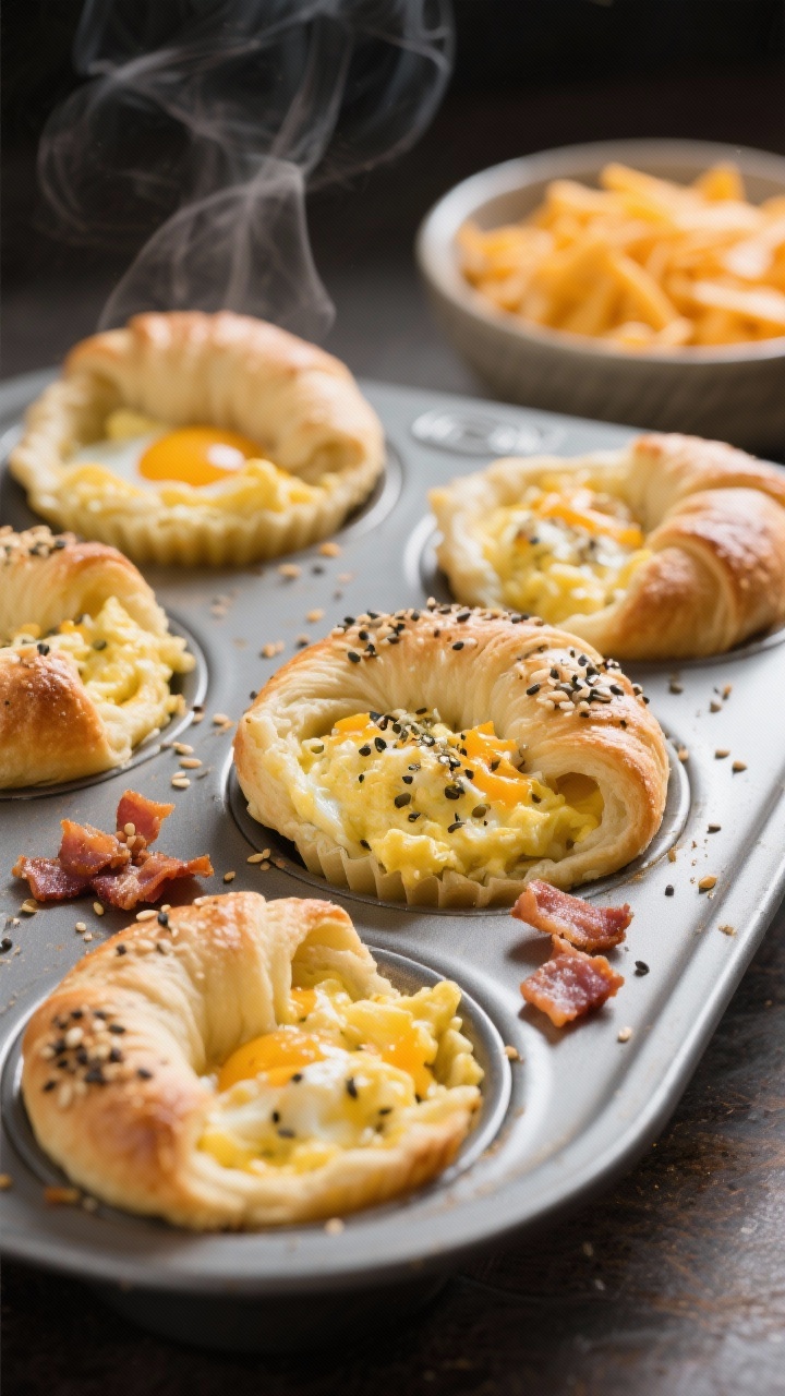 Straight-on close-up of everything-bagel breakfast crescent cups in a nonstick muffin tin: flaky crescent dough cradling fluffy scrambled egg mixture made from large eggs, milk, kosher salt, black pepper, and melted sharp cheddar; sprinkled generously with everything bagel seasoning; a few crispy bacon strips crumbled over some cups and a small bowl of extra shredded cheddar in the background; gentle steam visible, tack-sharp focus on egg curds and seeded topping.