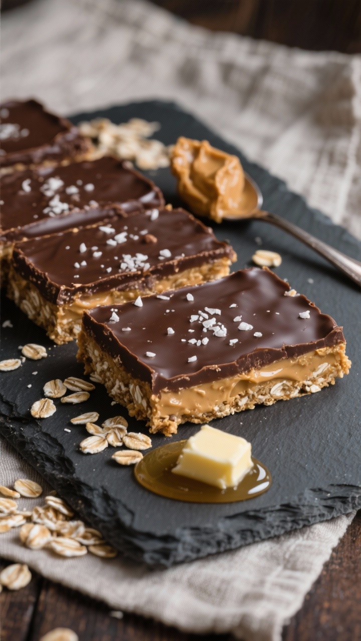 Straight-on close-up of no-bake chocolate peanut butter oat bars sliced into thick squares, visible layers of creamy peanut butter and oats with a glossy chocolate top sprinkled with flaky sea salt; scattered old-fashioned rolled oats, a spoonful of peanut butter, a drizzle of honey/maple syrup, and a pat of butter/coconut oil on a linen; presented on a matte slate board with clean edges, moody lighting to highlight texture and the salted crunch.