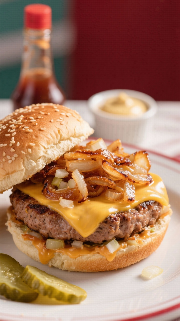 Straight-on close-up of turkey burger smashies on a sesame bun: deeply seared, craggy-edged turkey patty (93% lean) with melty cheese, a generous layer of glossy caramelized onions, and a swipe of Dijonnaise oozing slightly at the edge; finely minced onion mixed into the patty visible on the cut surface; a small ramekin of Dijonnaise and a bottle-style hint of Worcestershire in the background; shot on a diner-style plate with a few pickle chips, bright, punchy lighting emphasizing the crust and juiciness.