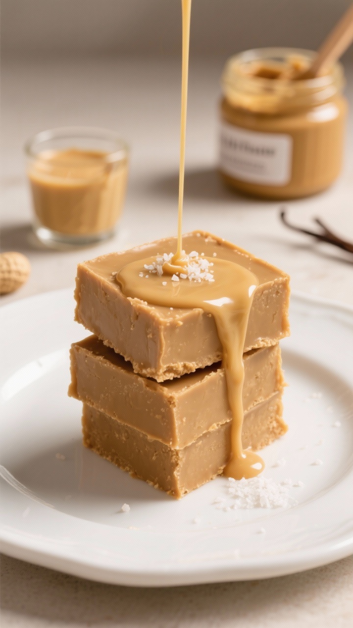 Straight-on close-up of two-ingredient peanut butter fudge stacked in a tidy tower on a white ceramic plate, ultra-smooth texture with clean cuts and creamy peanut butter gloss. Pouring ribbon of sweetened condensed milk in a small glass nearby, an open jar/scoop of creamy peanut butter (no-stir) in the background. Optional styling: a light sprinkle of flaky sea salt on top and a tiny dish labeled vanilla extract. Warm golden tones, shallow depth of field, minimalist set to emphasize simplicity.